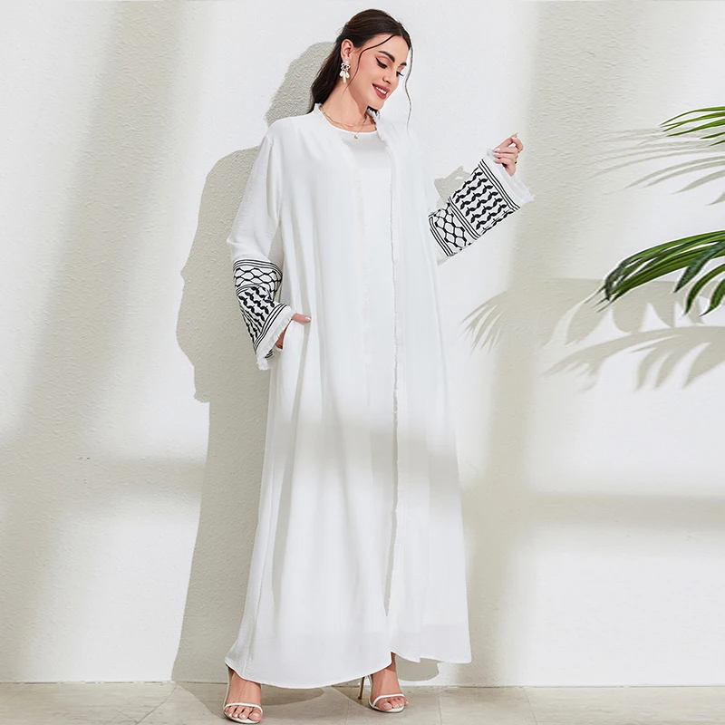 Palestinian Soft Crepe Embroidery Muslim Keffiyeh Abaya