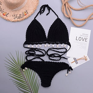 Loula 3pcs Sexy Bikini Set Woman Crochet Shell Tassel