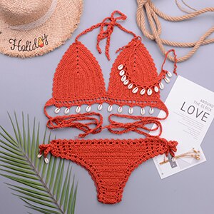 Loula 3pcs Sexy Bikini Set Woman Crochet Shell Tassel