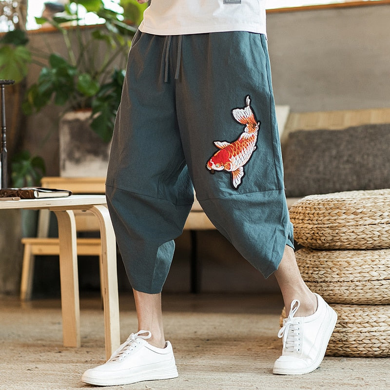 2022 Summer Men Carp Embroidery Jogger Pants Japanese Style Cotton Harajuku Harem Pants Youth Casual Pants Male Costume - sepolia shop