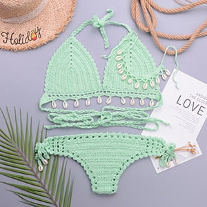 Loula 3pcs Sexy Bikini Set Woman Crochet Shell Tassel