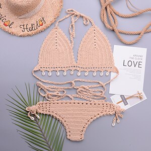 Loula 3pcs Sexy Bikini Set Woman Crochet Shell Tassel