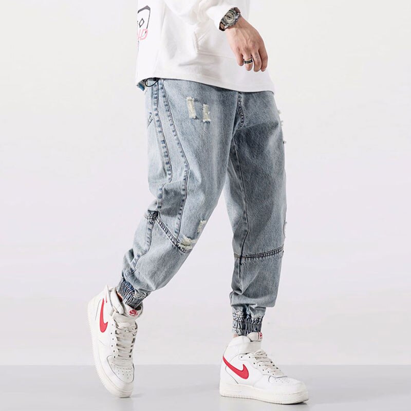 Japanese Vintage Fashion Men Jeans Loose Fit Spliced Ripped Denim Cargo Pants Hombre Harem Trousers Streetwear Hip Hop Jeans Men - sepolia shop