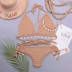 Loula 3pcs Sexy Bikini Set Woman Crochet Shell Tassel