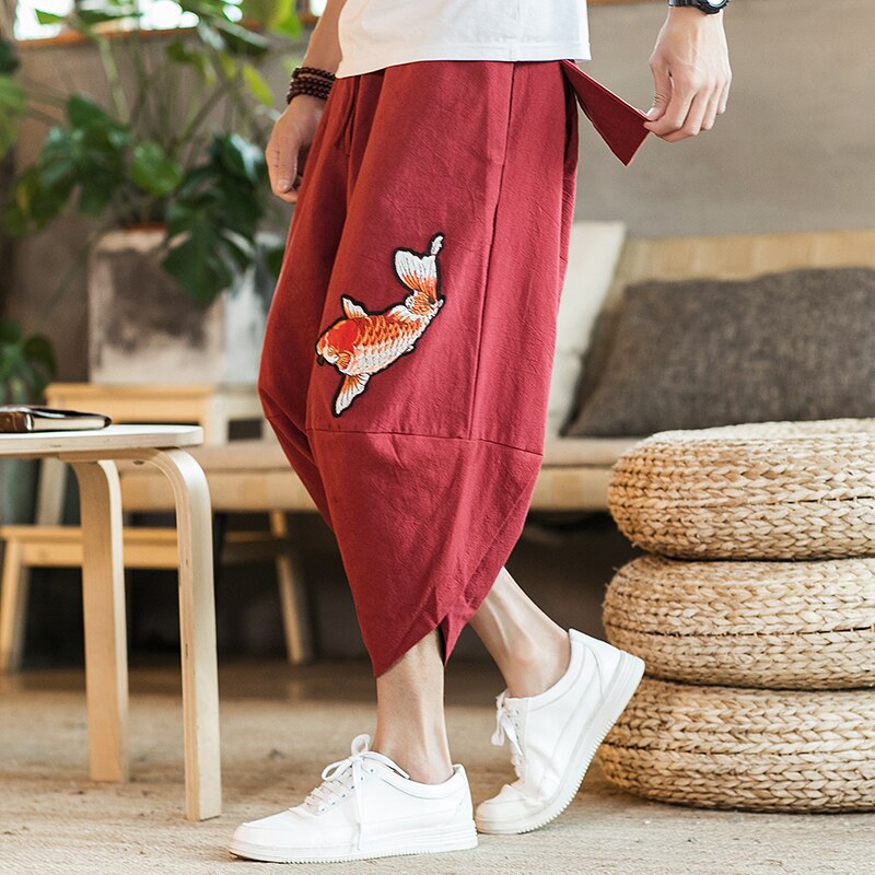 2022 Summer Men Carp Embroidery Jogger Pants Japanese Style Cotton Harajuku Harem Pants Youth Casual Pants Male Costume - sepolia shop