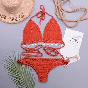 Loula 3pcs Sexy Bikini Set Woman Crochet Shell Tassel