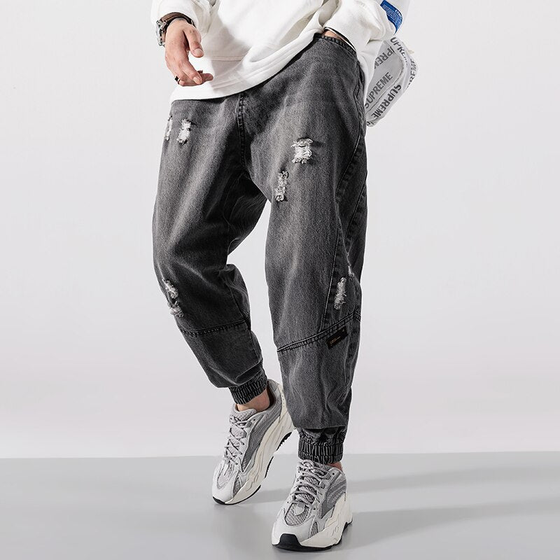Japanese Vintage Fashion Men Jeans Loose Fit Spliced Ripped Denim Cargo Pants Hombre Harem Trousers Streetwear Hip Hop Jeans Men - sepolia shop