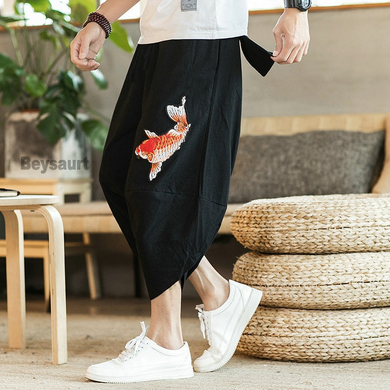 2022 Summer Men Carp Embroidery Jogger Pants Japanese Style Cotton Harajuku Harem Pants Youth Casual Pants Male Costume - sepolia shop