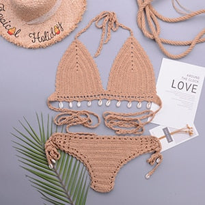 Loula 3pcs Sexy Bikini Set Woman Crochet Shell Tassel