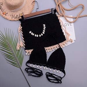 Loula Sexy 3pcs Bikini Crochet Shell Tassel