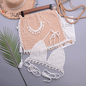 Loula Sexy 3pcs Bikini Crochet Shell Tassel