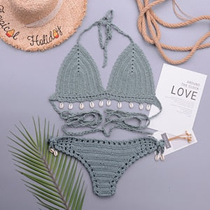 Loula 3pcs Sexy Bikini Set Woman Crochet Shell Tassel