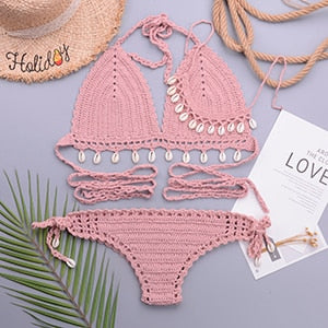 Loula 3pcs Sexy Bikini Set Woman Crochet Shell Tassel