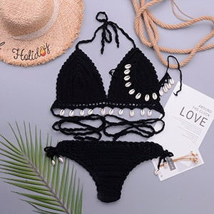 Loula 3pcs Sexy Bikini Set Woman Crochet Shell Tassel