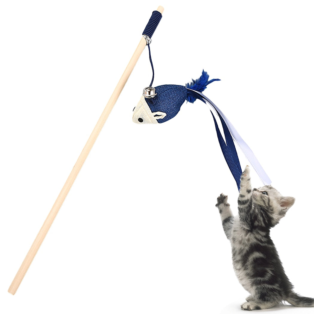 Pet Cat Teaser Multi Color Bird Feather Plush Cat Wand Cat Catcher Teaser Stick Mouse Fish Cat Interactive Toys with Bell - sepolia shop