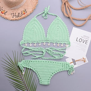Loula 3pcs Sexy Bikini Set Woman Crochet Shell Tassel