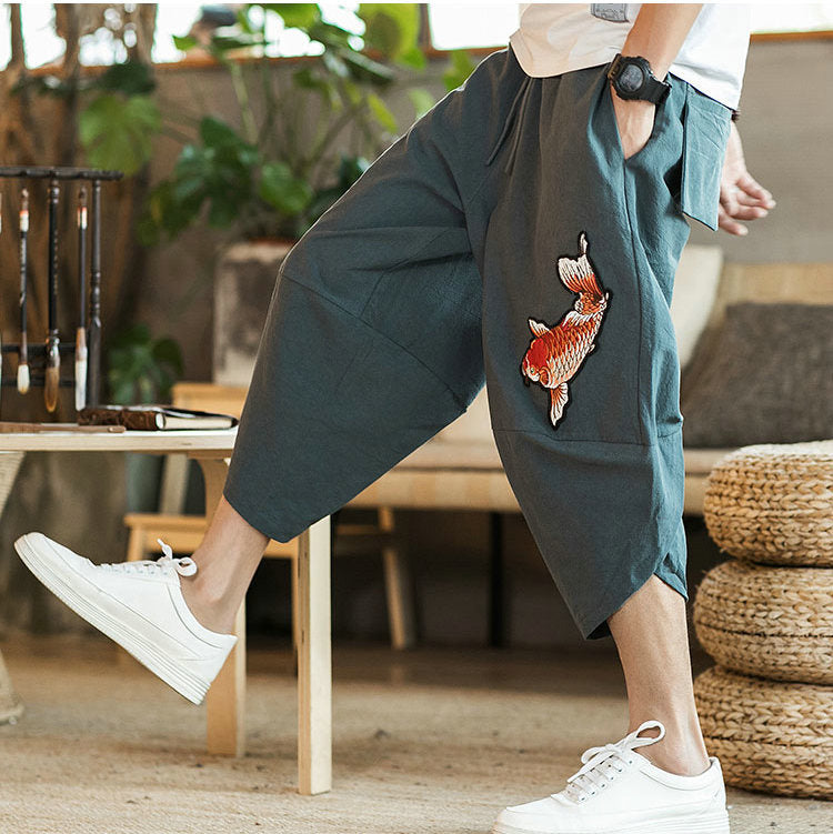 2022 Summer Men Carp Embroidery Jogger Pants Japanese Style Cotton Harajuku Harem Pants Youth Casual Pants Male Costume - sepolia shop