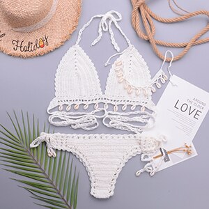 Loula 3pcs Sexy Bikini Set Woman Crochet Shell Tassel
