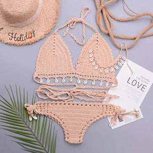 Loula 3pcs Sexy Bikini Set Woman Crochet Shell Tassel