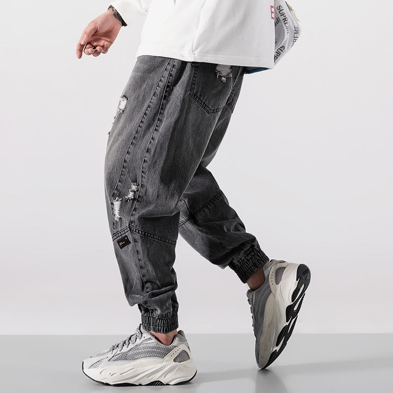 Japanese Vintage Fashion Men Jeans Loose Fit Spliced Ripped Denim Cargo Pants Hombre Harem Trousers Streetwear Hip Hop Jeans Men - sepolia shop