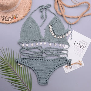 Loula 3pcs Sexy Bikini Set Woman Crochet Shell Tassel