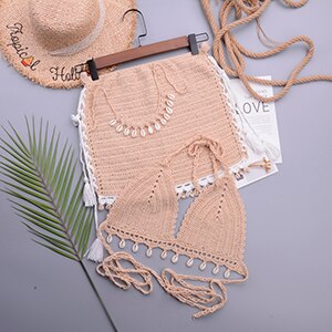 Loula Sexy 3pcs Bikini Crochet Shell Tassel