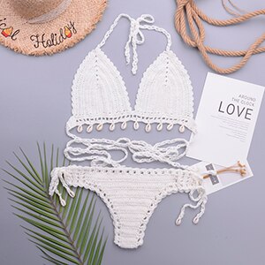 Loula 3pcs Sexy Bikini Set Woman Crochet Shell Tassel