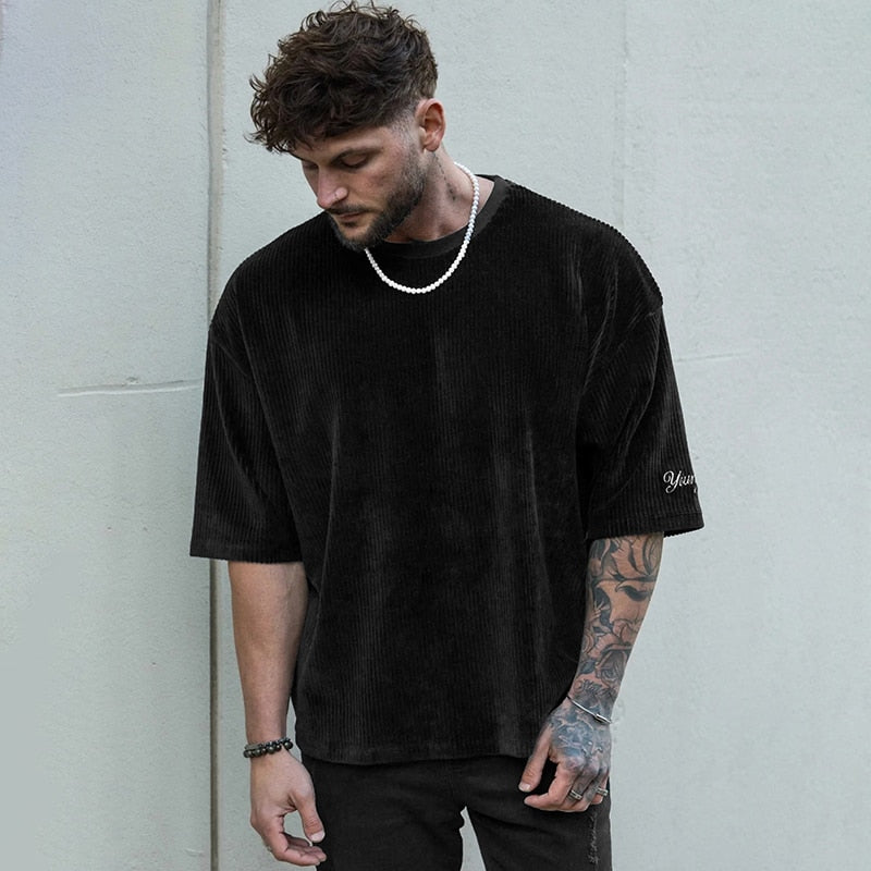 Letter Embroidery Loose Ribbed T Shirts
