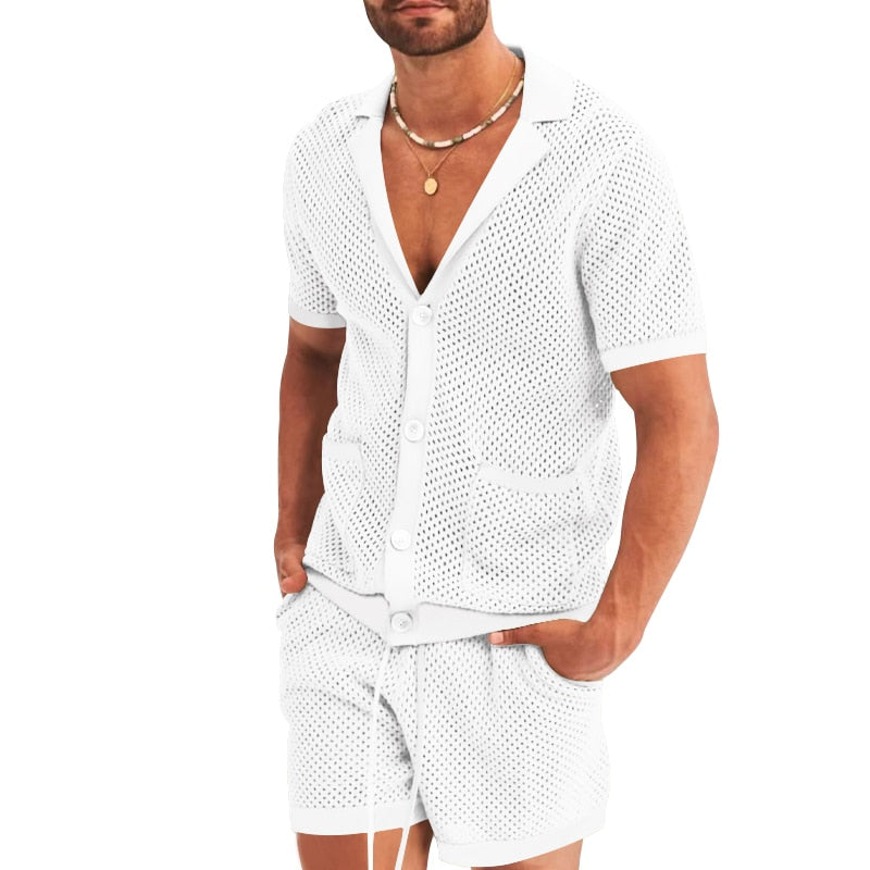 New Men's Summer Shirt Suit Casual Breathable Solid Color Short Sleeve Shirt Beach Shorts Fashion Hollow Men Mesh Set - sepolia shop