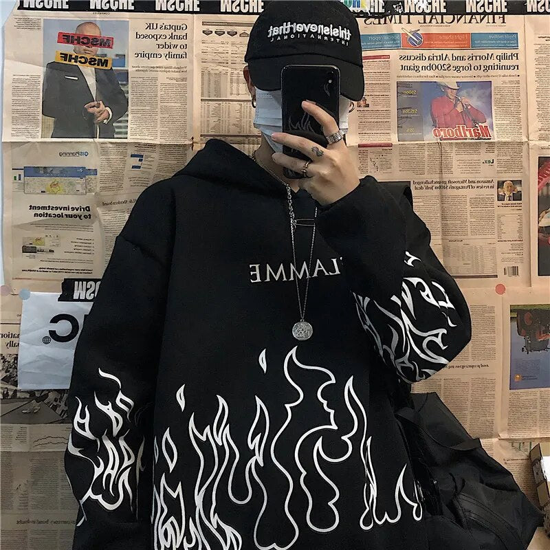 Y2K Retro Flame Print Oversized Hoodies