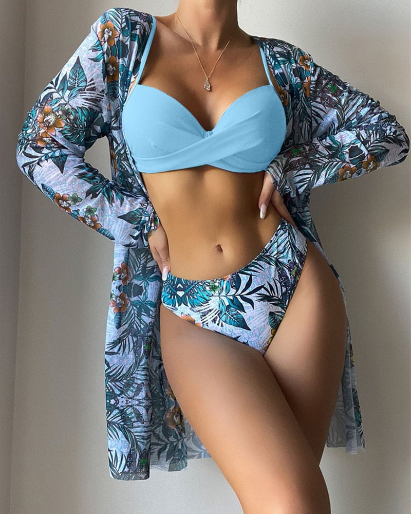 Green Floral Print Bikinis Sets Three pieces Swimsuits - sepolia shop