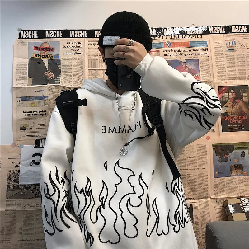 Y2K Retro Flame Print Oversized Hoodies