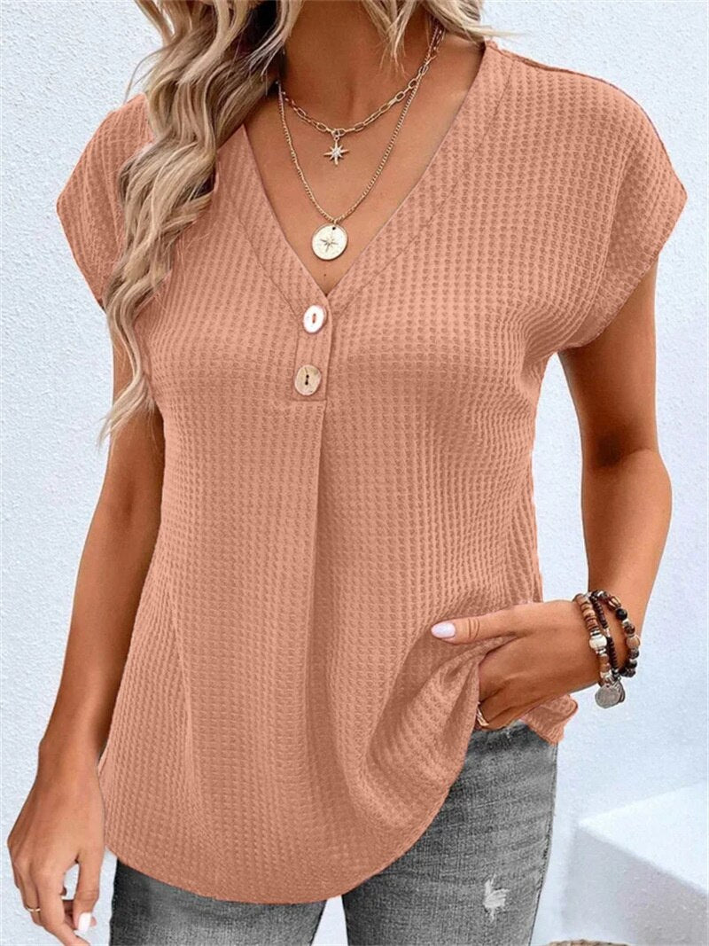 Summer Loose Button Decoration V Neck T-Shirt Female Fashion Bat Short Sleeve Casual Tops Women&#39;s Korean Version Waffle Tees New - sepolia shop