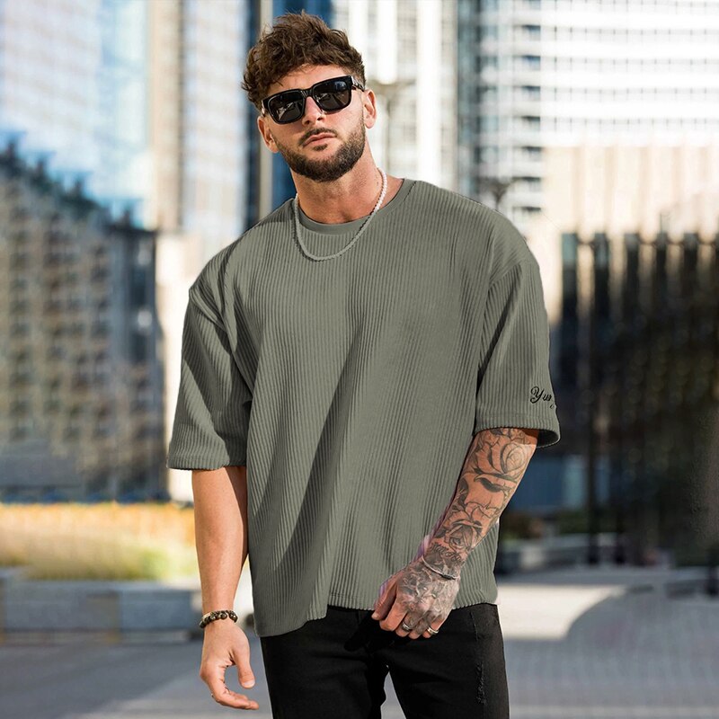 Letter Embroidery Loose Ribbed T Shirts