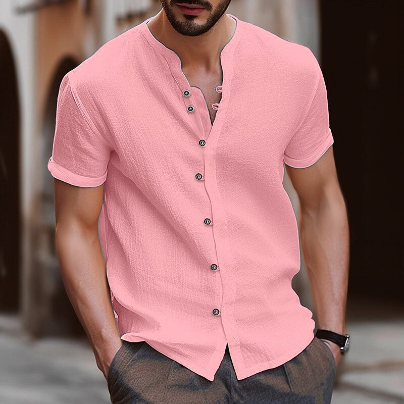 Retro Style Summer Men&#39;s Casual Cotton Linen Shirt Mock Neck Solid V-Neck Short Sleeve Loose Top Handsome Shirt US Size - sepolia shop