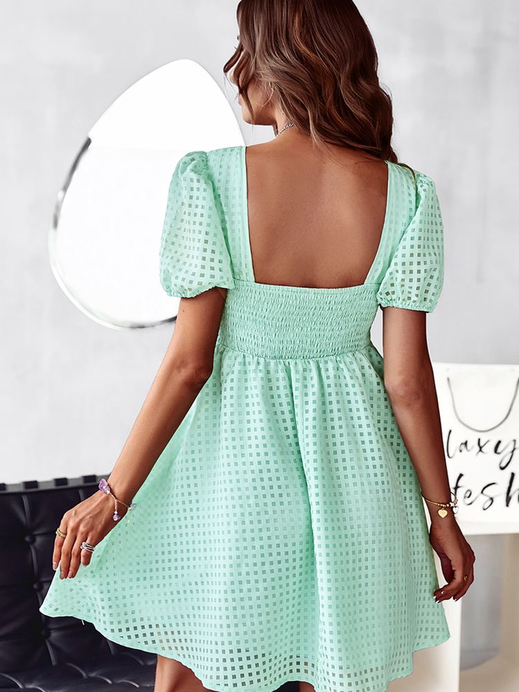 Msfilia Elegant Dress Women Summer Solid Color Square Collar Short Sleeve High Waist A Line Causal Dresses - sepolia shop