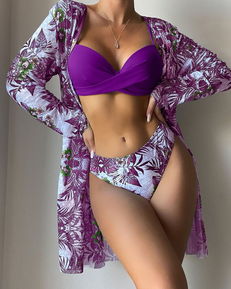 Green Floral Print Bikinis Sets Three pieces Swimsuits - sepolia shop