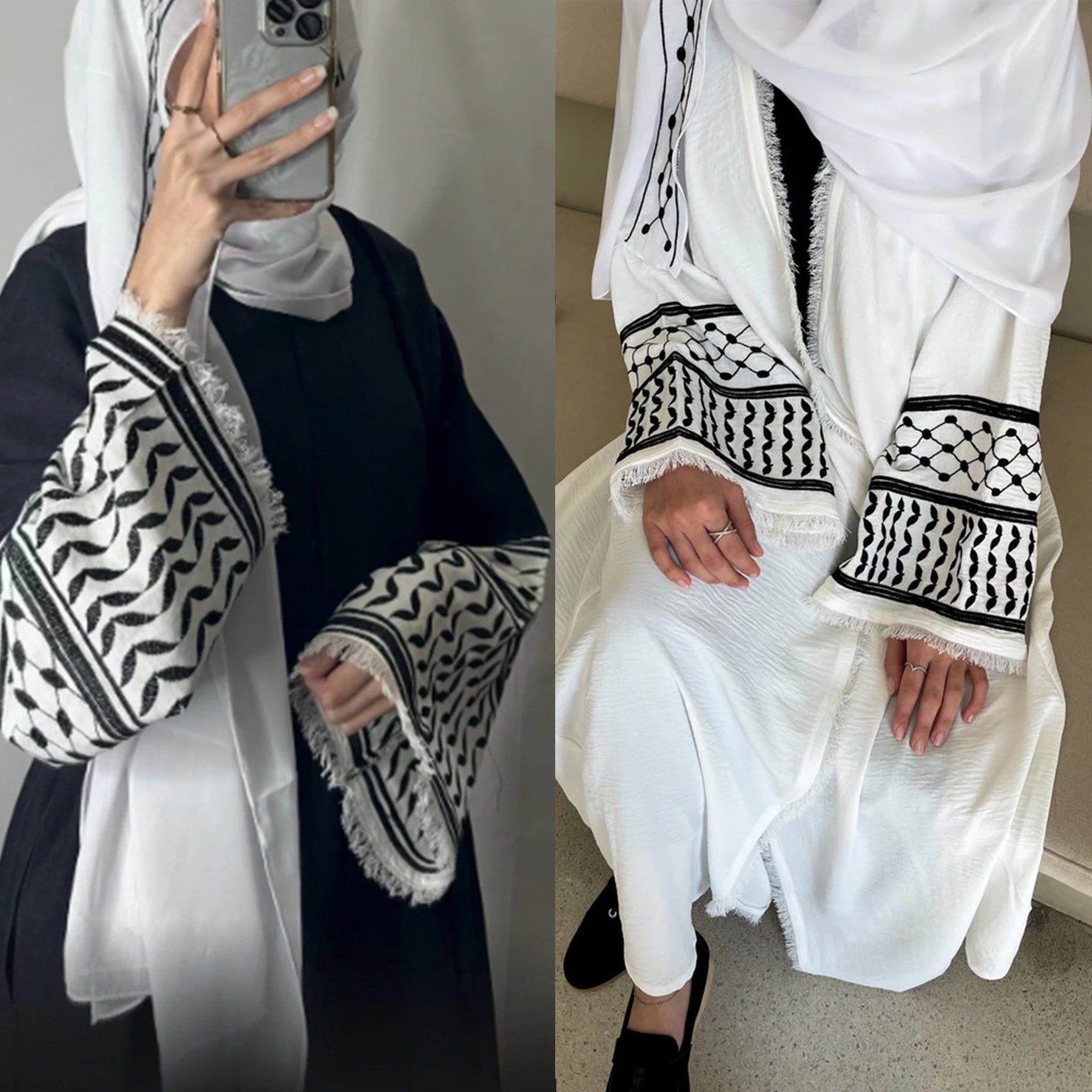 Palestinian Soft Crepe Embroidery Muslim Keffiyeh Abaya