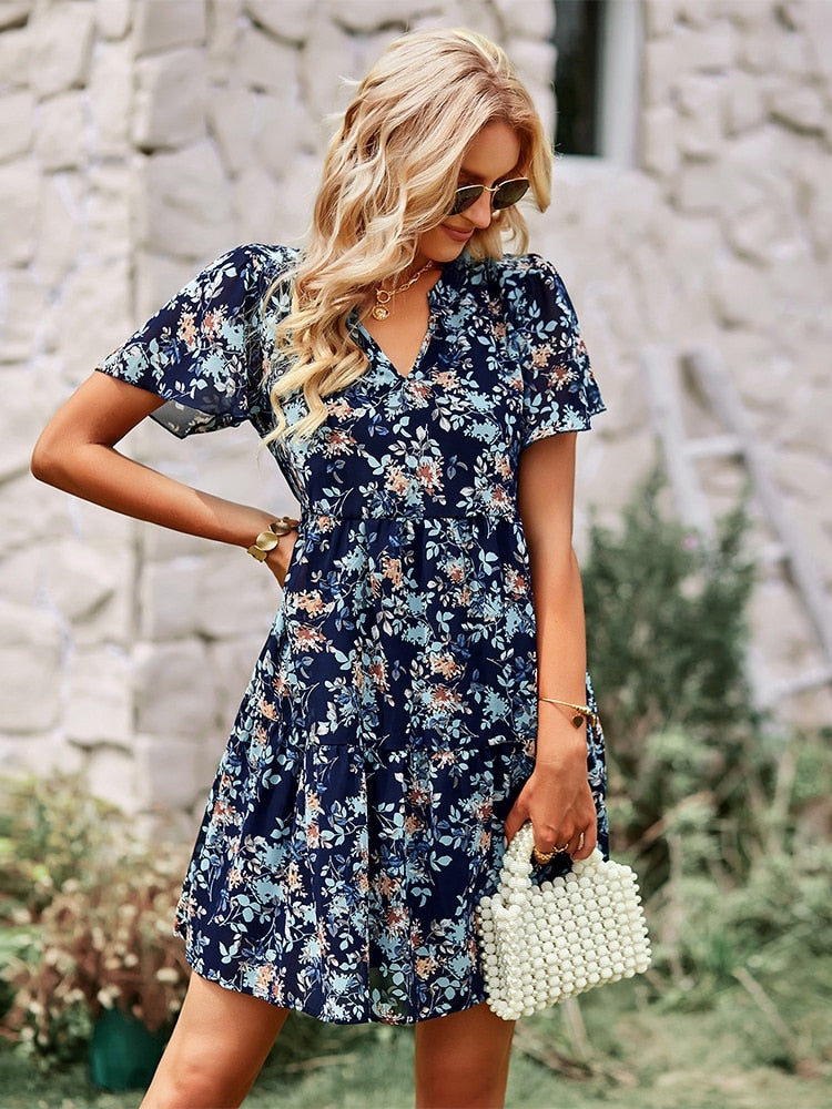 Msfilia Fashion Floral Dress Women Spring Autumn V Neck Short Sleeve Loose Chic Printed Dresses - sepolia shop