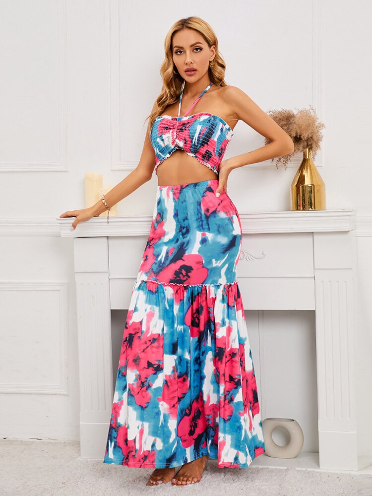 M 2023 Women New Sexy Bohemian Print Dress Cable Hanging Neck Top Hip Wrapped Fishtail Two Piece Set - sepolia shop