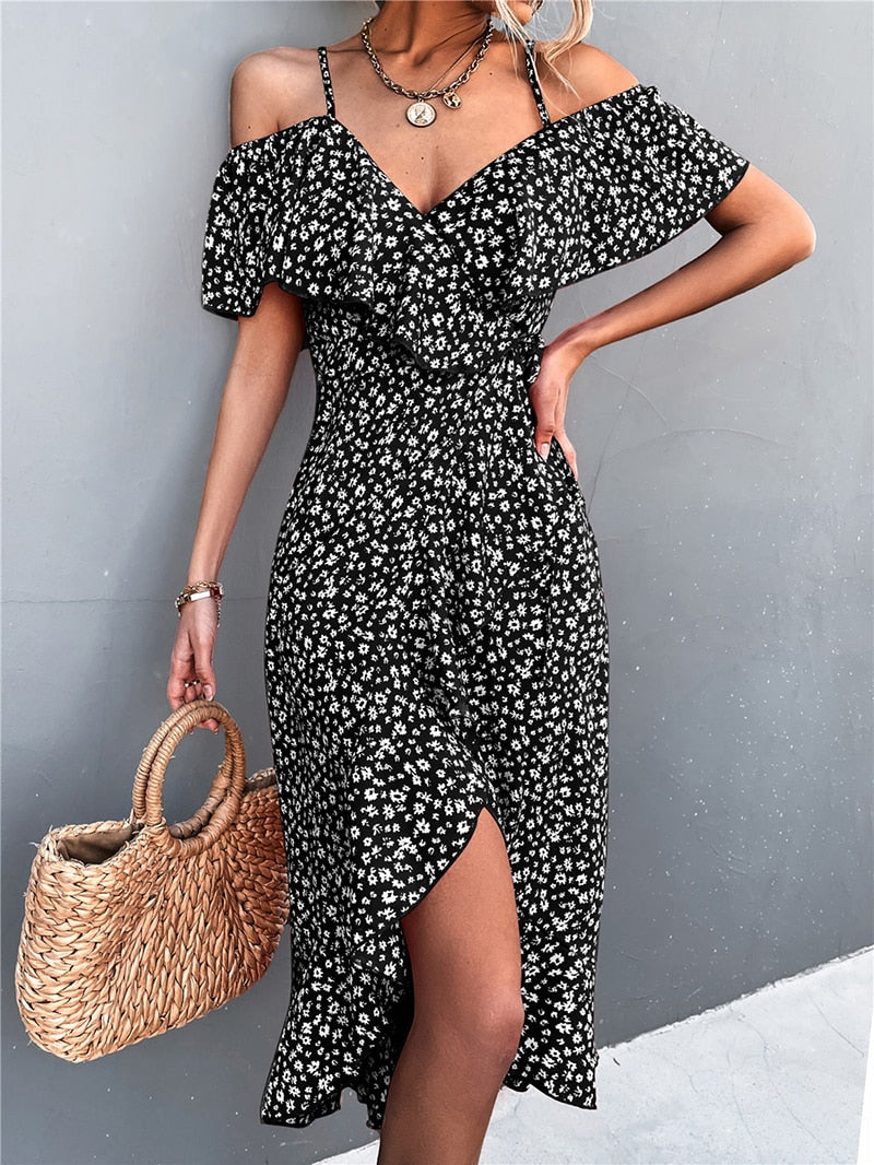 WAYOFLOVE Ladies Spring Summer Sexy Straps Dress Women Green Off Shoulder Ruffles Casual Beach Dresses Female Floral Print Dress - sepolia shop