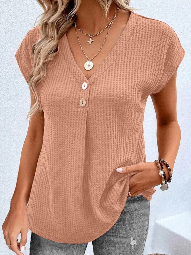 Summer Loose Button Decoration V Neck T-Shirt Female Fashion Bat Short Sleeve Casual Tops Women's Korean Version Waffle Tees New - sepolia shop