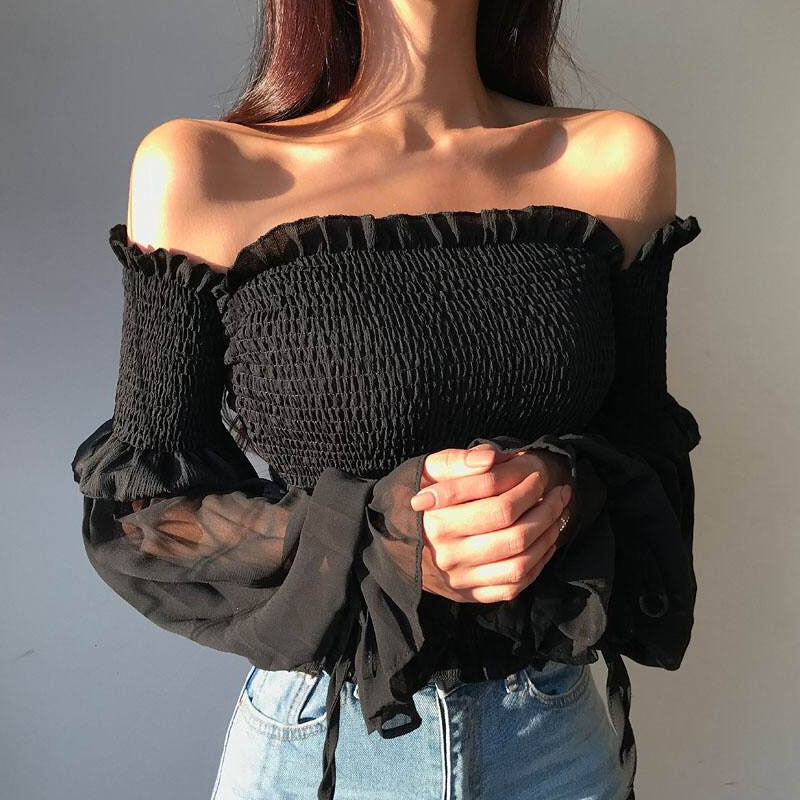 Long Sleeve Off Shoulder Cropped Top - sepolia shop