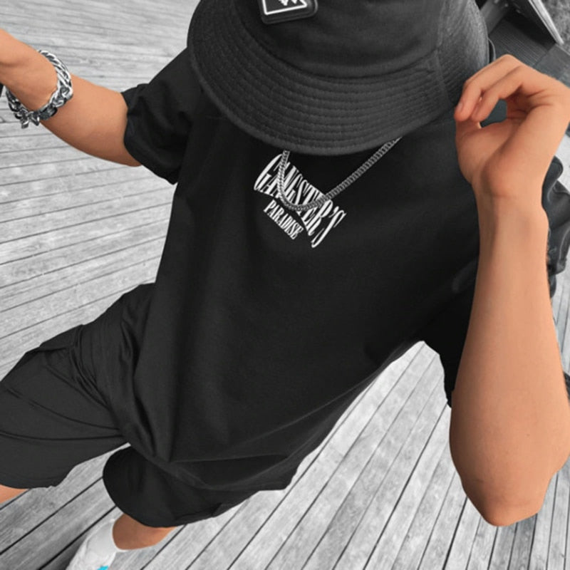 Hip Hop Vintage Loose Gangster Print T Shirts Men