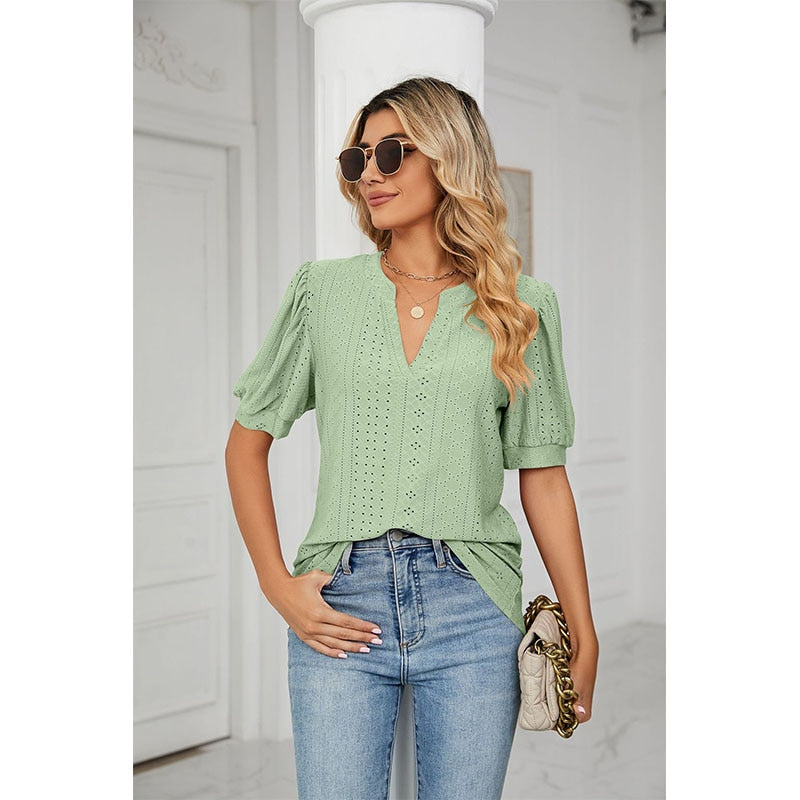 Solid Elegant V-Neck Loose Blouses For Women - sepolia shop