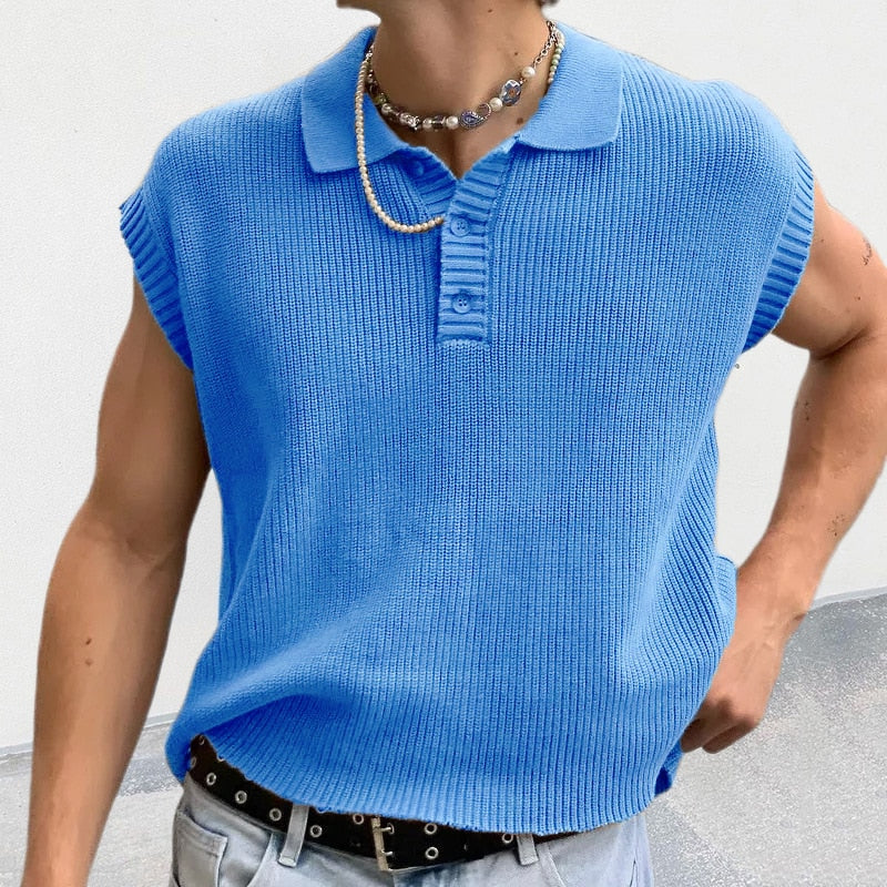 Leisure Solid Knitting Sleeveless Buttoned Tops