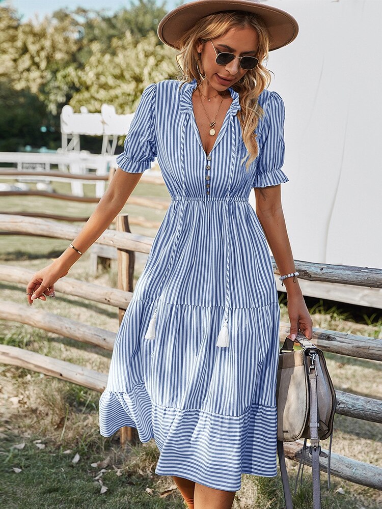 Msfilia Spring Women&#39;s  Striped Dress Causal Short Sleeve Tassel Medium Long Summer V Neck Button Dresses For Female - sepolia shop