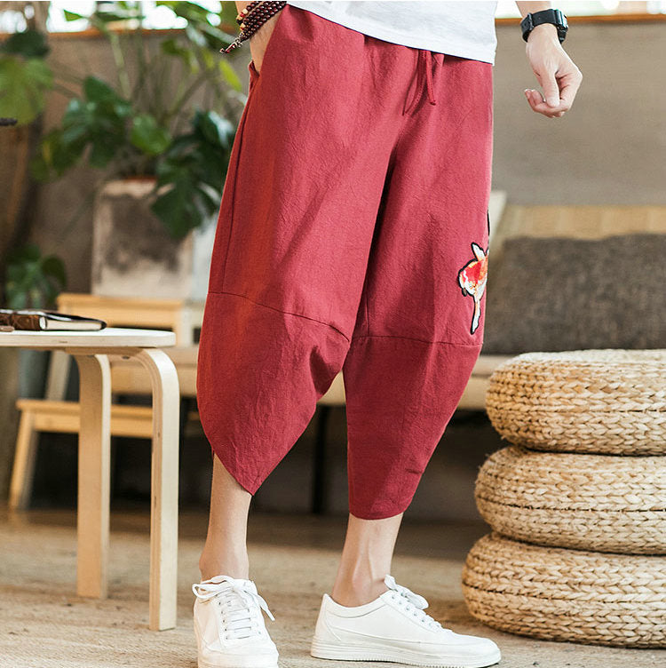 2022 Summer Men Carp Embroidery Jogger Pants Japanese Style Cotton Harajuku Harem Pants Youth Casual Pants Male Costume - sepolia shop