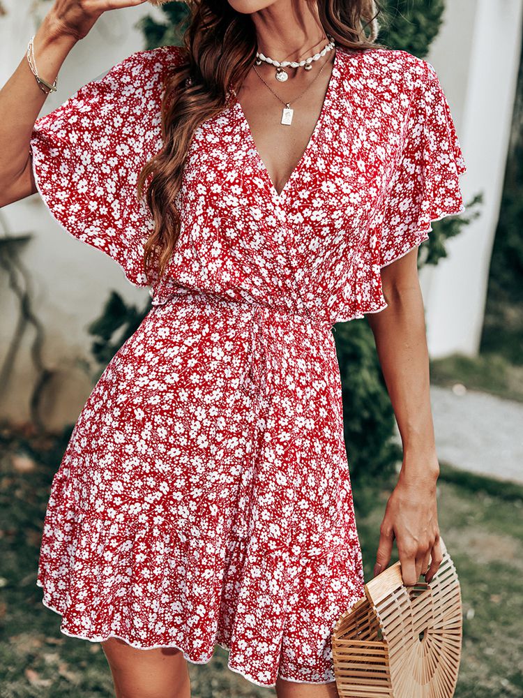 Msfilia V Neck Ruffle Sleeve Swing Floral Print Women's Dress Spring Summer Red Ladies Short Dress - sepolia shop