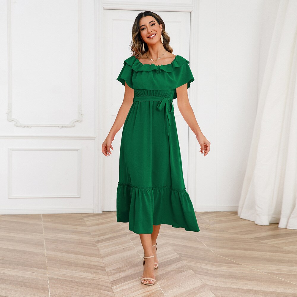 M 2023 Summer Solid Color Color Sexy One Line Neck Off Shoulder Long Dress For Women Fashion Beach Dresses - sepolia shop